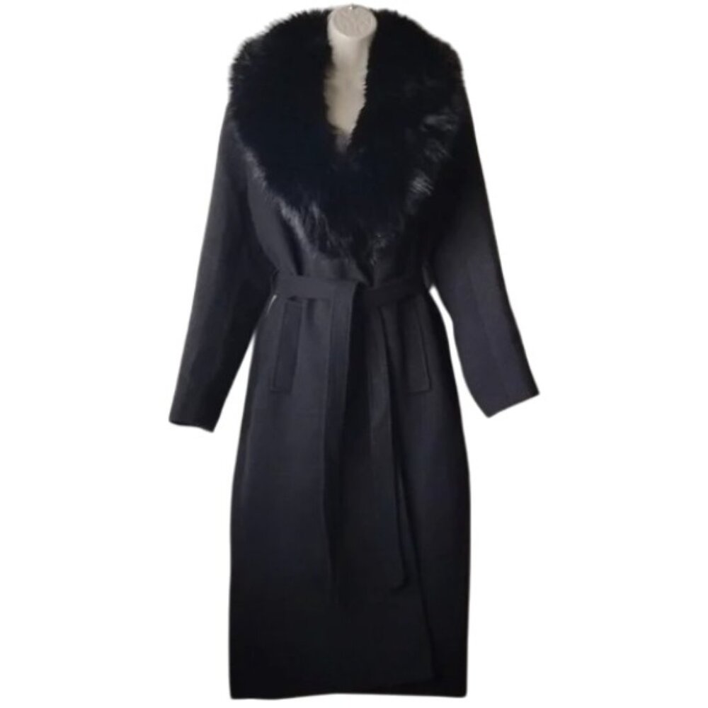 B. Coature Faux Fur Collar Long Wrap Coat 12 Textured Black WB454L2